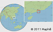 Gray Location Map of Macau, savanna style outside, hill shading inside