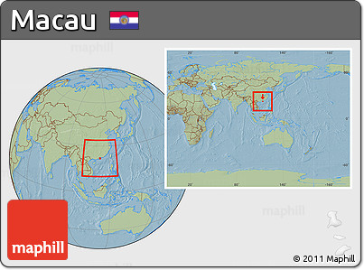 Savanna Style Location Map of Macau, within the entire continent, hill shading