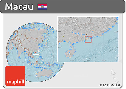Savanna Style Location Map of Macau, gray outside, hill shading outside