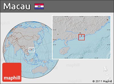 Savanna Style Location Map of Macau, gray outside, hill shading outside