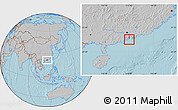 Savanna Style Location Map of Macau, gray outside, hill shading