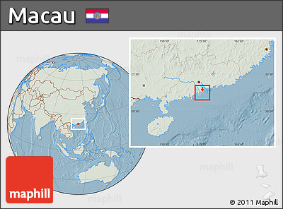 Savanna Style Location Map of Macau, lighten, land only, hill shading