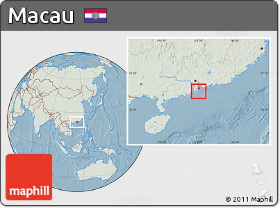 Savanna Style Location Map of Macau, lighten, land only, hill shading