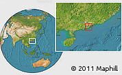 Savanna Style Location Map of Macau, satellite outside, hill shading