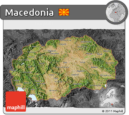 Satellite 3D Map of Macedonia, darken, desaturated