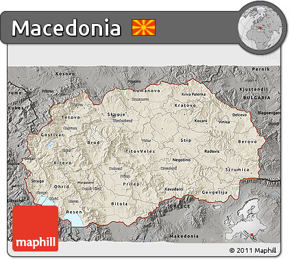 Shaded Relief 3D Map of Macedonia, darken, semi-desaturated