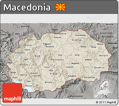 Shaded Relief 3D Map of Macedonia, darken, semi-desaturated