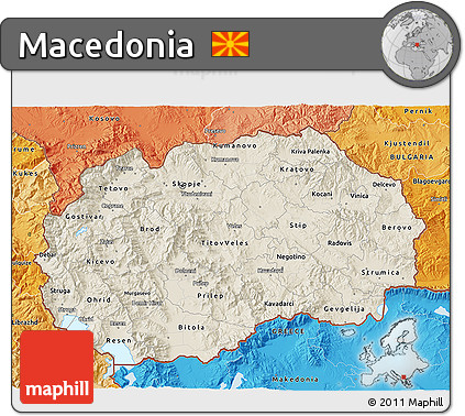 Shaded Relief 3D Map of Macedonia, political shades outside