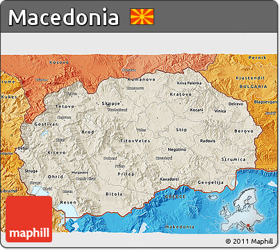 Shaded Relief 3D Map of Macedonia, political shades outside