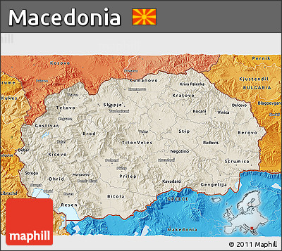 Shaded Relief 3D Map of Macedonia, political shades outside