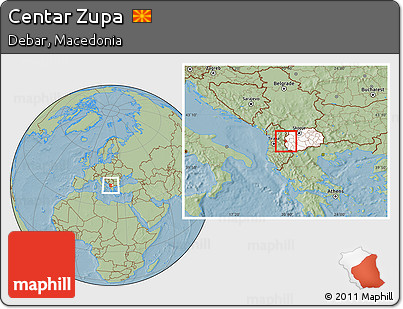Savanna Style Location Map of Centar Zupa, highlighted country, highlighted parent region, hill shading