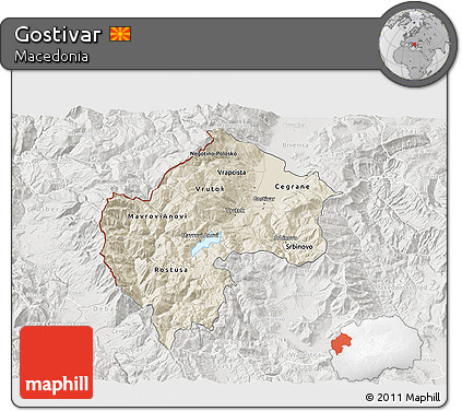 Shaded Relief 3D Map of Gostivar, lighten, semi-desaturated