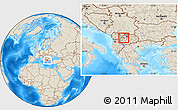 Shaded Relief Location Map of Cegrane, within the entire country