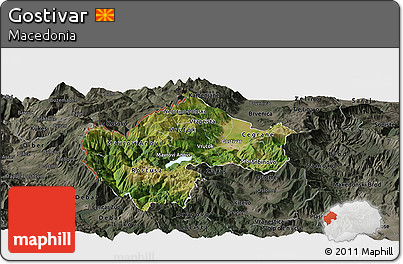Satellite Panoramic Map of Gostivar, darken, semi-desaturated