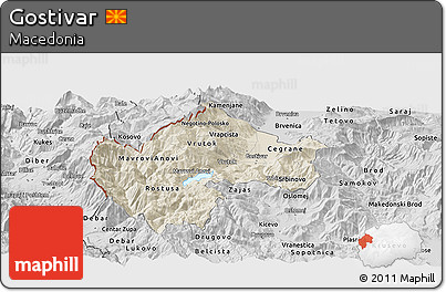 Shaded Relief Panoramic Map of Gostivar, desaturated