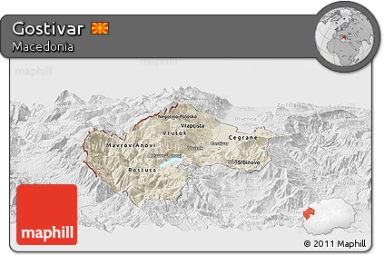 Shaded Relief Panoramic Map of Gostivar, lighten, desaturated