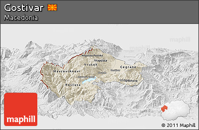 Shaded Relief Panoramic Map of Gostivar, lighten, desaturated