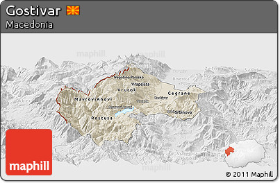 Shaded Relief Panoramic Map of Gostivar, lighten, desaturated