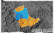 Political 3D Map of Kavadarci, darken, desaturated