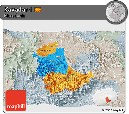 Political 3D Map of Kavadarci, lighten, semi-desaturated