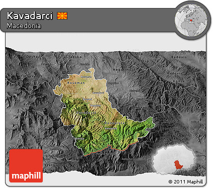Satellite 3D Map of Kavadarci, darken, desaturated
