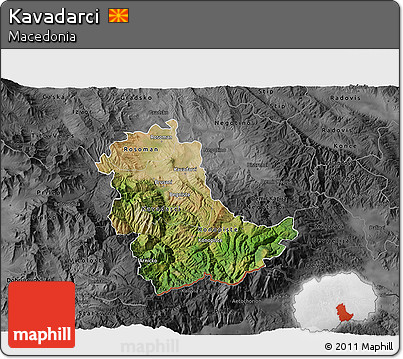 Satellite 3D Map of Kavadarci, darken, desaturated