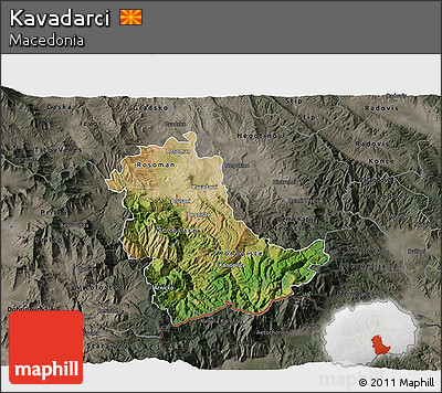 Satellite 3D Map of Kavadarci, darken, semi-desaturated