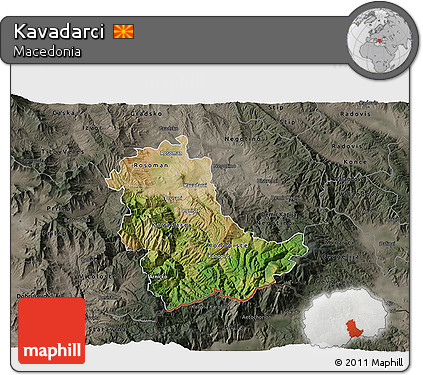 Satellite 3D Map of Kavadarci, darken, semi-desaturated