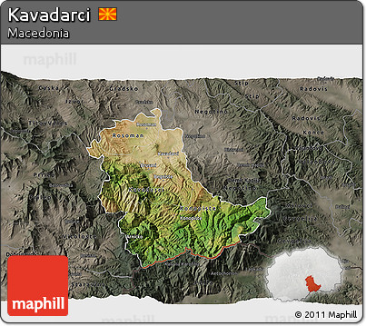 Satellite 3D Map of Kavadarci, darken, semi-desaturated