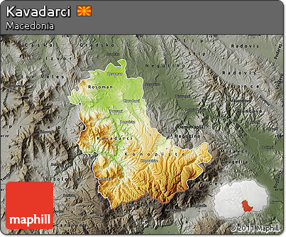 Physical Map of Kavadarci, darken, semi-desaturated