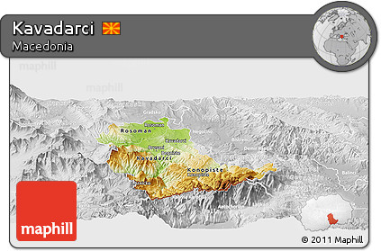 Physical Panoramic Map of Kavadarci, lighten, desaturated