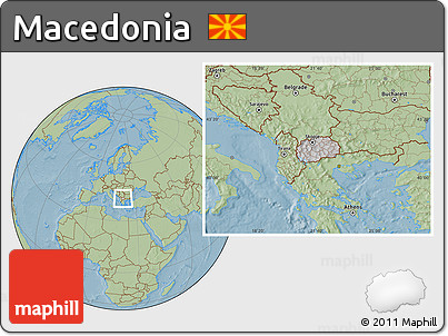 Gray Location Map of Macedonia, savanna style outside, hill shading