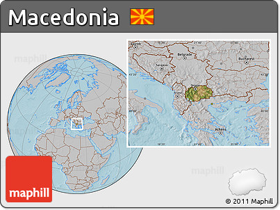 Satellite Location Map of Macedonia, gray outside, hill shading