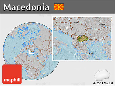 Satellite Location Map of Macedonia, gray outside, hill shading