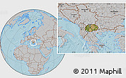 Satellite Location Map of Macedonia, gray outside, hill shading