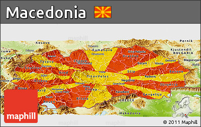 Flag Panoramic Map of Macedonia, physical outside, flag rotated