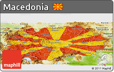 Flag Panoramic Map of Macedonia, physical outside, flag rotated