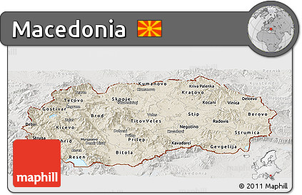 Shaded Relief Panoramic Map of Macedonia, lighten, semi-desaturated