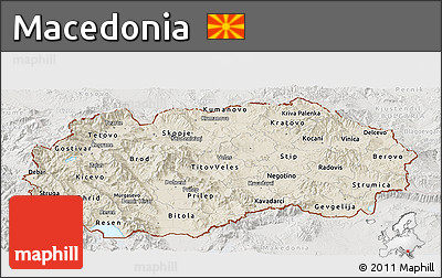 Shaded Relief Panoramic Map of Macedonia, lighten, semi-desaturated
