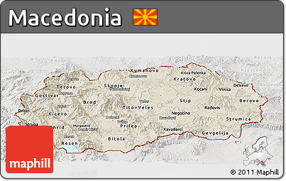 Shaded Relief Panoramic Map of Macedonia, lighten, semi-desaturated