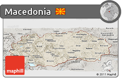 Shaded Relief Panoramic Map of Macedonia, semi-desaturated