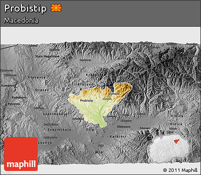 Physical 3D Map of Probistip, darken, desaturated