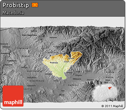Physical 3D Map of Probistip, darken, desaturated