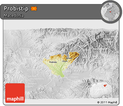 Physical 3D Map of Probistip, lighten, desaturated