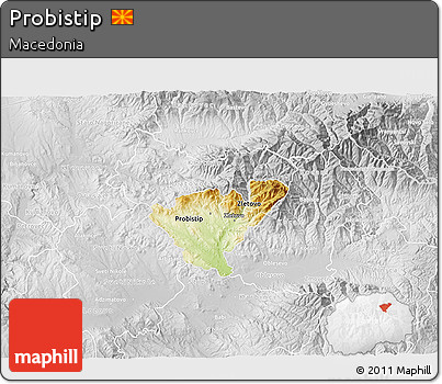 Physical 3D Map of Probistip, lighten, desaturated