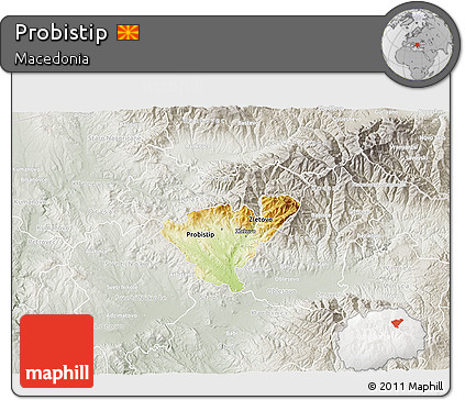 Physical 3D Map of Probistip, lighten, semi-desaturated