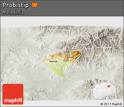 Physical 3D Map of Probistip, lighten, semi-desaturated