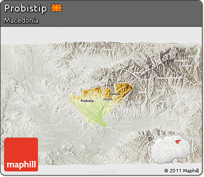 Physical 3D Map of Probistip, lighten, semi-desaturated