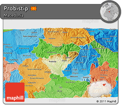 Physical 3D Map of Probistip, political shades outside