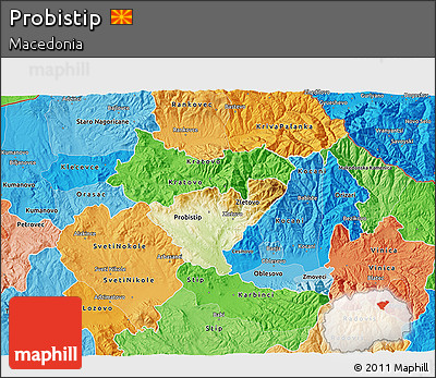 Physical 3D Map of Probistip, political shades outside